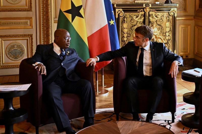 French President Emmanuel Macron attends a meeting with Ghana's President Nana Akufo-Addo during the African Vaccine Manufacturing Accelerator conference, Thursday, June 20, 2024 in Paris. French President Emmanuel Macron is joining some African leaders to kick off a planned $1 billion project to accelerate the rollout of vaccines in Africa, after the coronavirus pandemic bared gaping inequalities in access to them. (Dylan Martinez/Pool via AP)