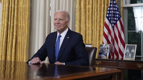 President Joe Biden pauses as he concludes his address to the nation from the Oval Office of the White House in Washington, Wednesday, July 24, 2024, about his decision to drop his Democratic presidential reelection bid. (AP Photo/Evan Vucci, Pool)