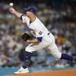 Los Angeles Dodgers starting pitcher Jack Flaherty throws during the first inning of a baseball game against the San Diego Padres in Los Angeles, Wednesday, Sept. 25, 2024. (AP Photo/Ashley Landis)