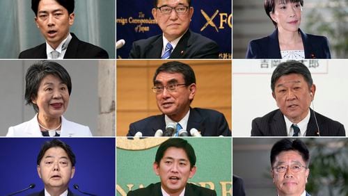 This photo combination shows the candidates of the ruling Liberal Democratic Party for the party's upcoming presidential election. Top row from left, former Environment Minister Shinjiro Koizumi, former Defense Minister Shigeru Ishiba, and Economic Security Minister Sanae Takaichi. Middle row from left, Foreign Minister Yoko Kamikawa, Digital Minister Taro Kono, and Liberal Democratic Party’s Secretary General Toshimitsu Motegi. Bottom row from left, Chief Cabinet Secretary Yoshimasa Hayashi, former Economic Security Minister Takayuki Kobayashi and former Chief Cabinet Secretary Katsunobu Kato. Japan will have a new leader after outgoing Prime Minister Fumio Kishida’s governing Liberal Democratic Party holds a vote on Sept. 27 to choose his replacement. (AP Photo)