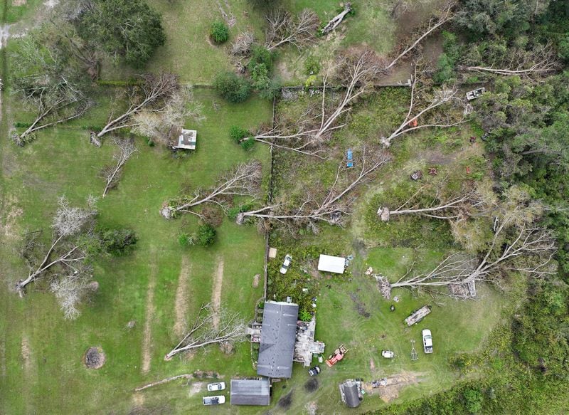 Aerial photo show fallen trees caused by Hurricane Helene in Alapaha, Tuesday, October 1, 2024. Recovery efforts continue Sunday across Georgia’s 159 counties after Helene barreled through the state, causing catastrophic damage, flooding and at least 25 deaths. More than 400,000 people were still without power statewide after Helene entered South Georgia as a Category 2 hurricane around 1 a.m. Friday. Homes were destroyed, and neighborhoods were flooded across the state. (Hyosub Shin / AJC)