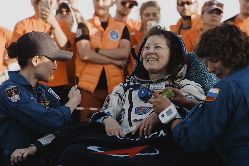 In this photo released by Roscosmos space corporation, NASA astronaut Tracy Dyson sits in a chair shortly after the landing of the Russian Soyuz MS-25 space capsule carrying NASA astronaut Tracy Dyson, Roscosmos cosmonauts Oleg Kononenko and Nikolai Chub, south-east of the Kazakh town of Zhezkazgan, Kazakhstan, Monday, Sept. 23, 2024. (Ivan Timoshenko, Roscosmos space corporation via AP)