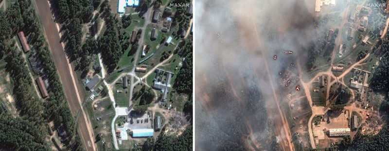 This combo picture shows two satellite images of an ammunition depot in Toropets, Russia, on Saturday Sept. 7, 2024, left, and the same ammunition depot in the aftermath of a large series of explosion, on Wednesday, Sept, 18, 2024, right. Ukrainian drones struck a large military depot in a town deep inside Russia overnight, causing a huge fire and forcing some residents to evacuate, a Ukrainian official and Russian news reports said Wednesday, Sept, 18. 2024. At least 13 people were injured, Russia's Health Ministry added. (Satellite image ©2023 Maxar Technologies via AP)