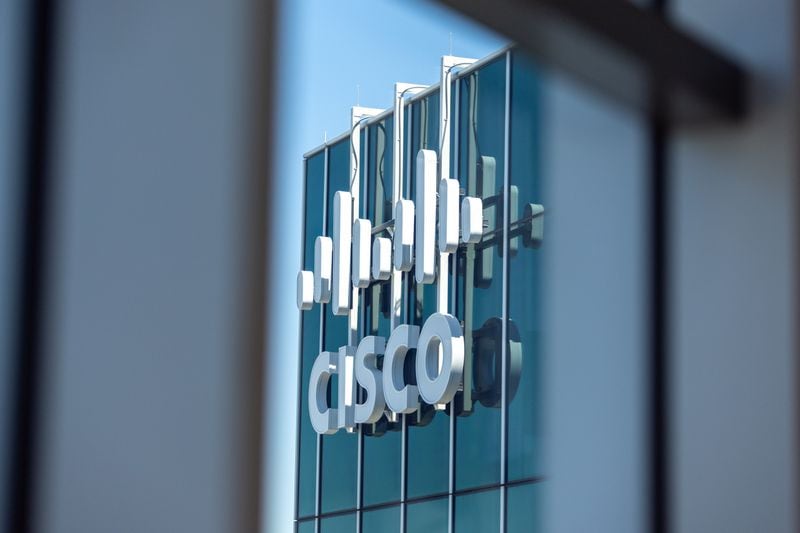 The Cisco sign is seen from Cisco’s new office space at Coda in Atlanta on Tuesday, April 11, 2023. (Arvin Temkar / arvin.temkar@ajc.com)