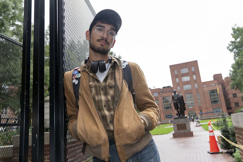 George Washington University student Ty Lindia poses for a photograph at the site of last spring's students tent encampment at George Washington University Yard in Washington, Wednesday, Oct. 2, 2024. (AP Photo/Jose Luis Magana)