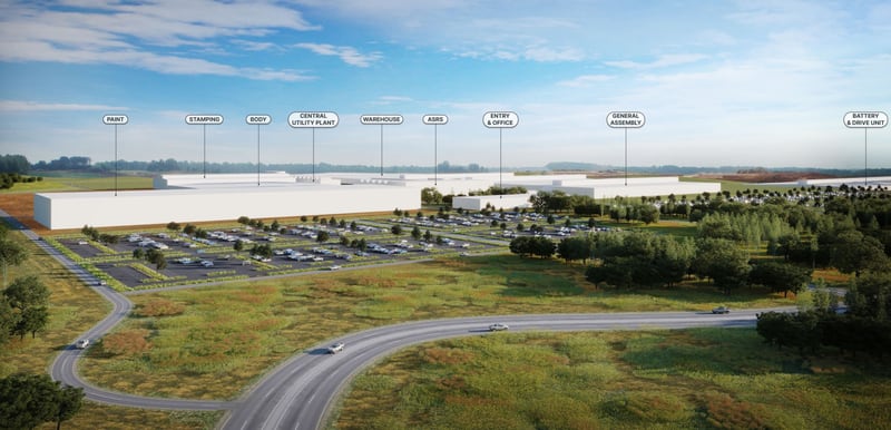 Clayco was chosen to build Rivian's future $5 billion electric vehicle factory in Georgia. This is a rendering of the project.