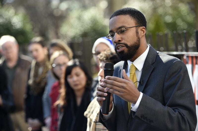 January 26, 2017, Atlanta - Edward Ahmed Mitchell, executive director of the Council on American-Islamic Relations Georgia Chapter, speaks during a press conference in Atlanta, Georgia, on Thursday, January 26, 2017. Numerous organizations co-hosted a press conference to defend civil rights, protect refugees and support legal immigration in the face of recent executive orders made by president Donald Trump. (DAVID BARNES / DAVID.BARNES@AJC.COM)