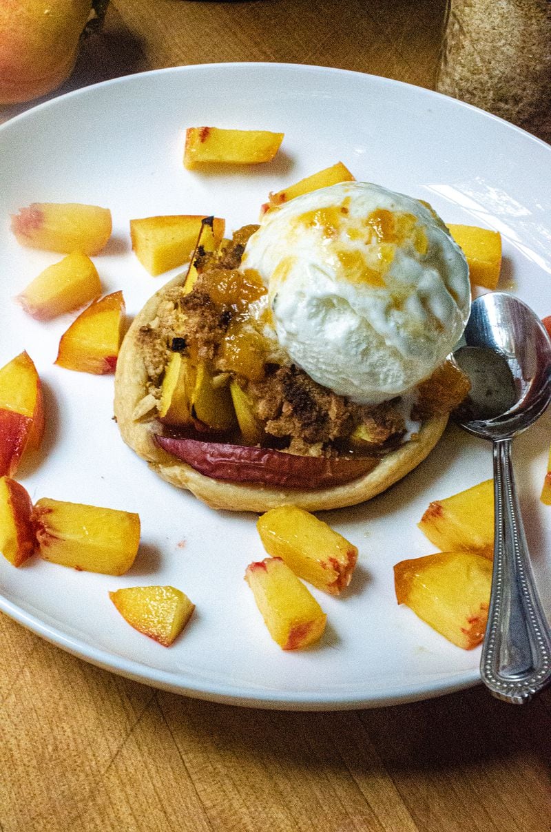 Peach Tartlets with Make-Ahead Nut Crumble incorporate peaches in several forms, including jelly. (Virginia Willis for The Atlanta Journal-Constitution)