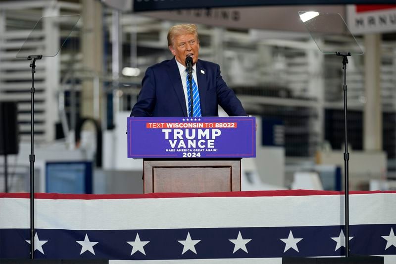 Republican presidential nominee former President Donald Trump speaks at a campaign event at Dane Manufacturing, Tuesday, Oct. 1, 2024, in Waunakee, Wis. (AP Photo/Charlie Neibergall)