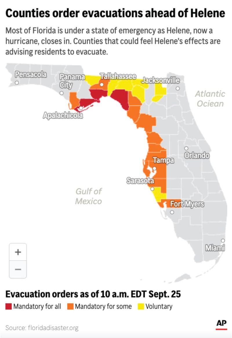 Florida counties are issuing evacuation orders ahead of Helene's expected landfall later in the week. (AP Digital Embed)