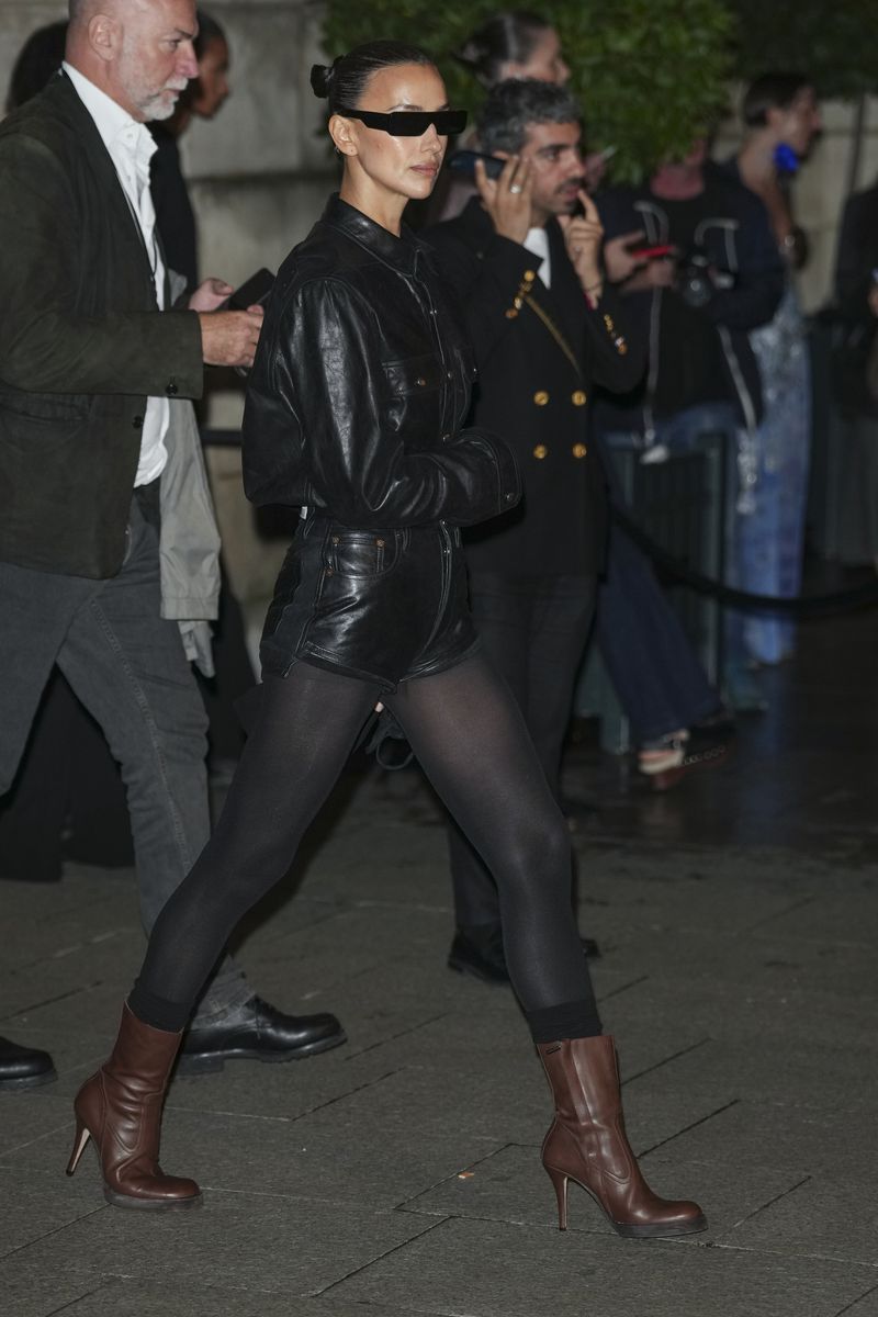 Irina Shayk departs the Schiaparelli Spring/Summer 2025 collection presented Thursday, Sept. 26, 2024, in Paris. (Photo by Scott A Garfitt/Invision/AP)