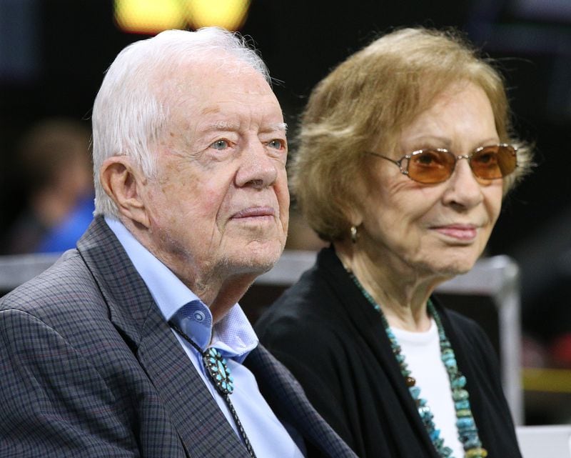 September 30, 2018 Atlanta: Former president Jimmy Carter and first lady Rosalynn Carter are on the sidelines for the Falcons and Bengals in a NFL football game on Sunday, Sept 30, 2018, in Atlanta.   Curtis Compton/ccompton@ajc.com