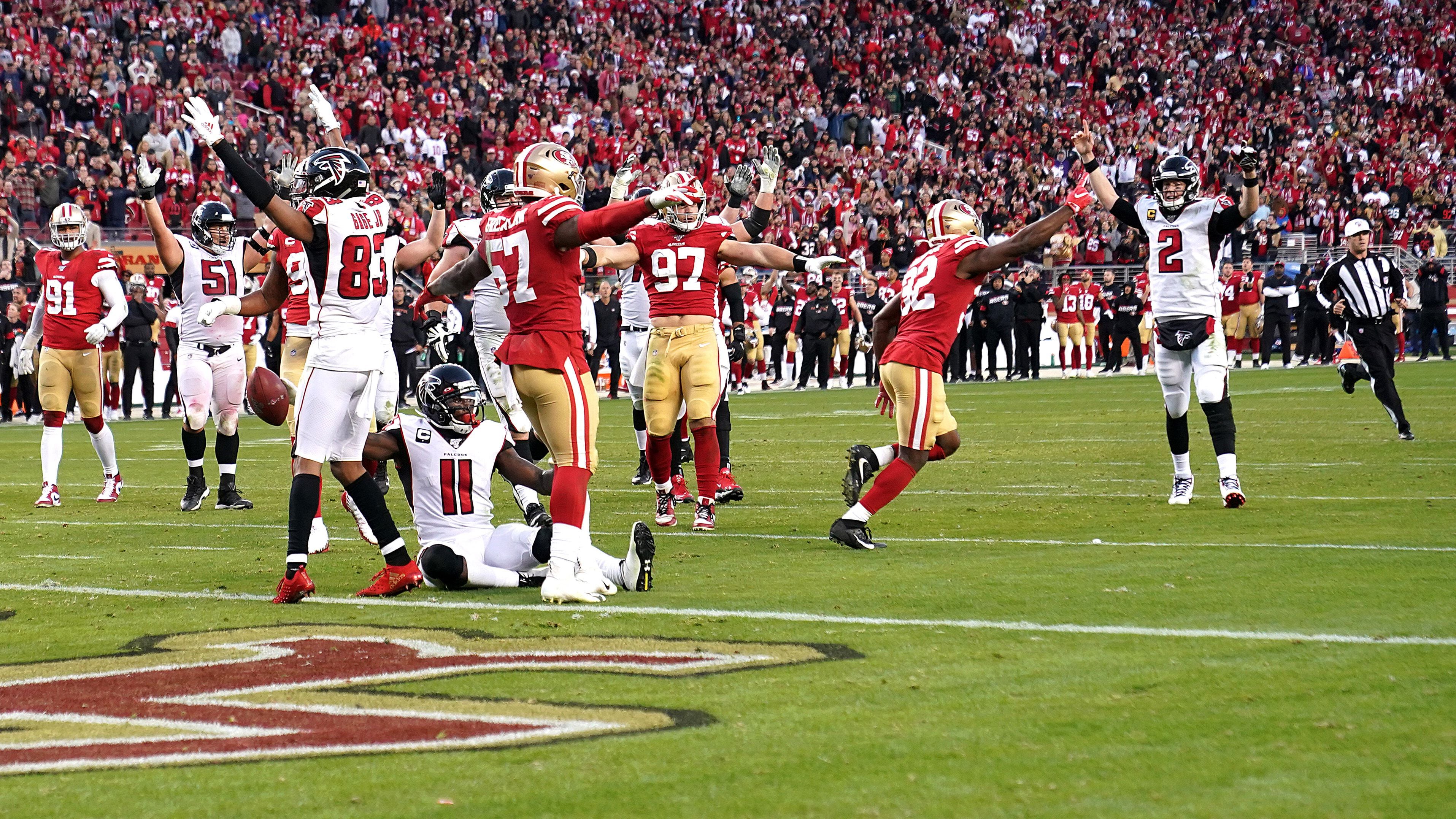 Julio Jones barely gets over goal line and Falcons get huge upset over 49ers