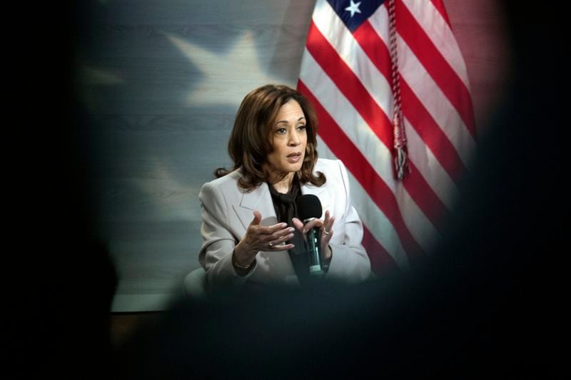 Democratic presidential nominee Vice President Kamala Harris Vice, seen on a handheld mobile phone, is interviewed by National Association of Black Journalists members Tonya Mosley, and Gerren Keith Gaynor, with moderator Eugene Daniels, at the WHYY studio in Philadelphia, Tuesday, Sept. 17, 2024.(AP Photo/Matt Rourke) (AP Photo/Matt Rourke)