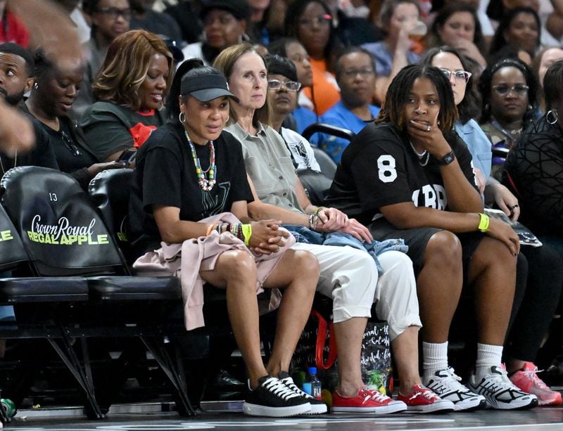 South Carolina coach Dawn Staley attends the game at the Gateway Center Arena on July 2, 2024, in Atlanta. (Hyosub Shin / AJC)