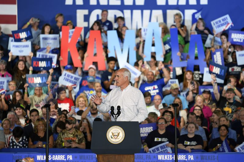 Sen. Bob Casey, D-Pa., speaks before Democratic presidential nominee Vice President Kamala Harris arrives for a campaign event, Friday, Sept. 13, 2024, Wilkes-Barre, Pa. (AP Photo/Matt Rourke)