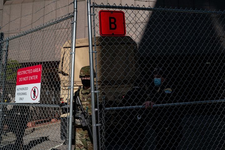 National Guard troops and law enforcement officers secure the area outside the Hennepin Country Government Center in Minneapolis on Tuesday, April 20, 2021, where the jury is deliberating the Derek Chauvin case. (Amr Alfiky/The New York Times)