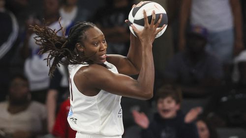 Atlanta Dream center Tina Charles grabs a defensive rebound during the first half against the New York Liberty at the Gateway Center Arena, Thursday, June 6, 2024, in Atlanta. (Jason Getz / AJC)
