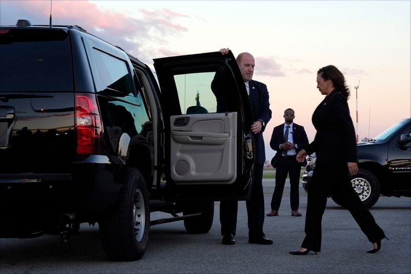 Democratic presidential nominee Vice President Kamala Harris arrives at LaGuardia Airport, Monday Oct. 7, 2024, in New York. (AP Photo/Jacquelyn Martin)