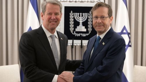 Gov. Brian Kemp meets with Israeli President Isaac Herzog in the President's Residence in Jerusalem on Sunday, May 21, 2023. (Amos Ben Gershom/GPO)