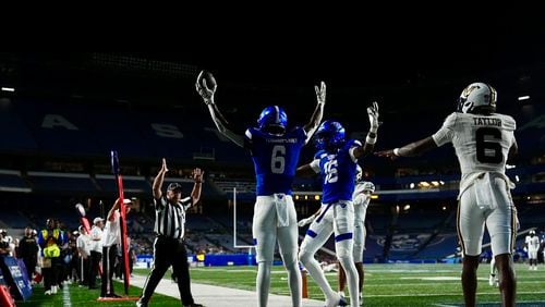 Georgia State's Rykem Laney (6) celebrates his touchdown reception with teammate Ted Hurst (16) on Sept. 14, 2024, against Vanderbilt at Center Parc Stadium.