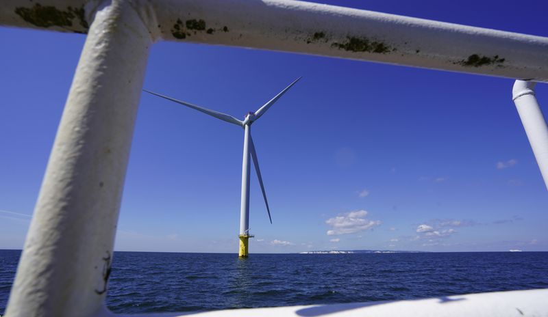 A wind turbine, part of Kriegers Flak offshore wind farm, about 15 kilometers off the Danish coast, Baltic Sea, Denmark, Tuesday June 18, 2024. (AP Photo/James Brooks)