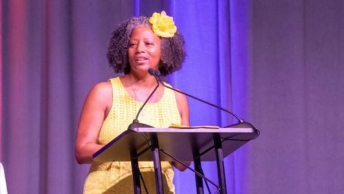 Gwinnett County school board member Tarece Johnson-Morgan speaks at new teacher orientation in Duluth on July 11, 2023. Johnson-Morgan said she feels her voice is not valued by the majority of the board, leaving her out of decision-making. (Katelyn Myrick/katelyn.myrick@ajc.com)