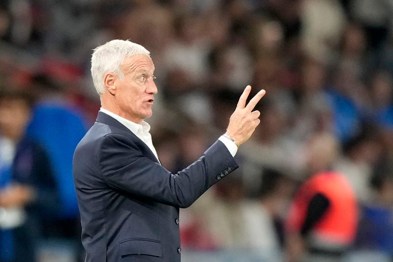 France head coach Didier Deschamps gestures during the UEFA Nations League soccer match between France and Italy at the Parc des Princes in Paris, Friday, Sept. 6, 2024. (AP Photo/Michel Euler)