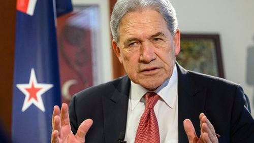 New Zealand Foreign Minister Winston Peters comments during an interview with The Associated Press in his parliamentary office in the capital, Wellington, Thursday, Aug. 22, 2024. (AP Photo/Mark Tantrum)