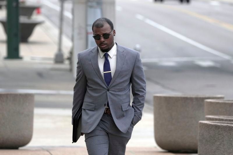 Justin Smith arrives at the federal courthouse for the day's proceedings during the trial in the Tyre Nichols case Tuesday, Oct. 1, 2024, in Memphis, Tenn. (AP Photo/Karen Pulfer Focht)