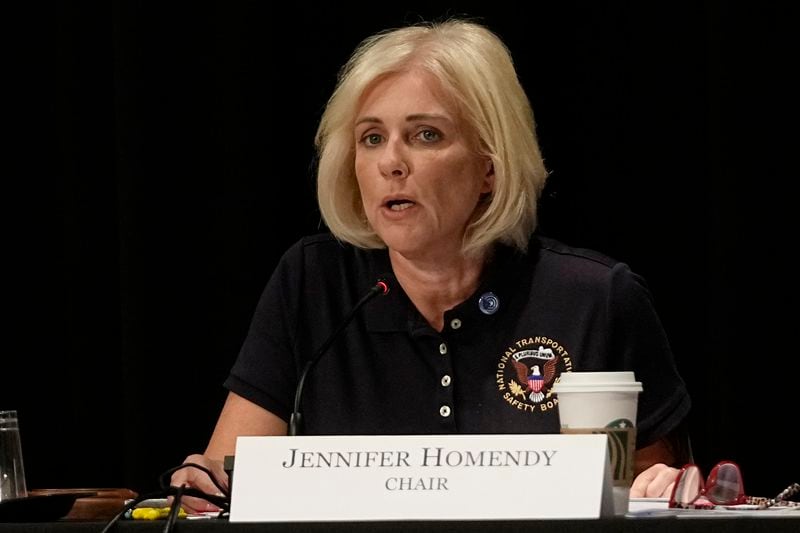 Jennifer Homendy, chair of the National Transportation Safety Board, speaks during a board meeting concerning the February 3, 2023, train derailment of a Norfolk Southern freight train carrying hazardous materials, Tuesday, June 25, 2024, in East Palestine, Ohio. (AP Photo/Sue Ogrocki)
