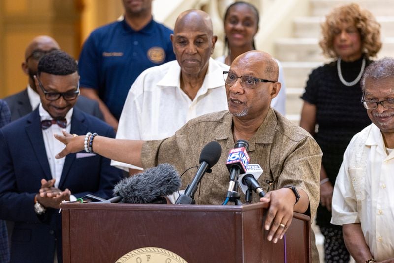 Bishop Reginald Jackson speaks at a news conference for Black clergy in support of President Joe Biden at the Capitol in Atlanta on Thursday.