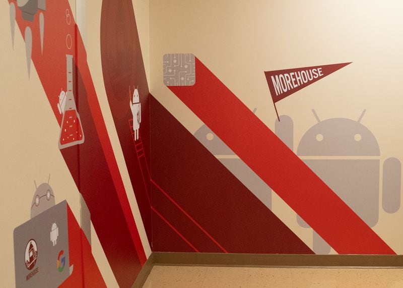 The hallway, designed by Meredith Kinney, leading to a new Google Annex classroom at Morehouse College on Monday, May 13, 2024. (Ben Hendren for The Atlanta Journal-Constitution)