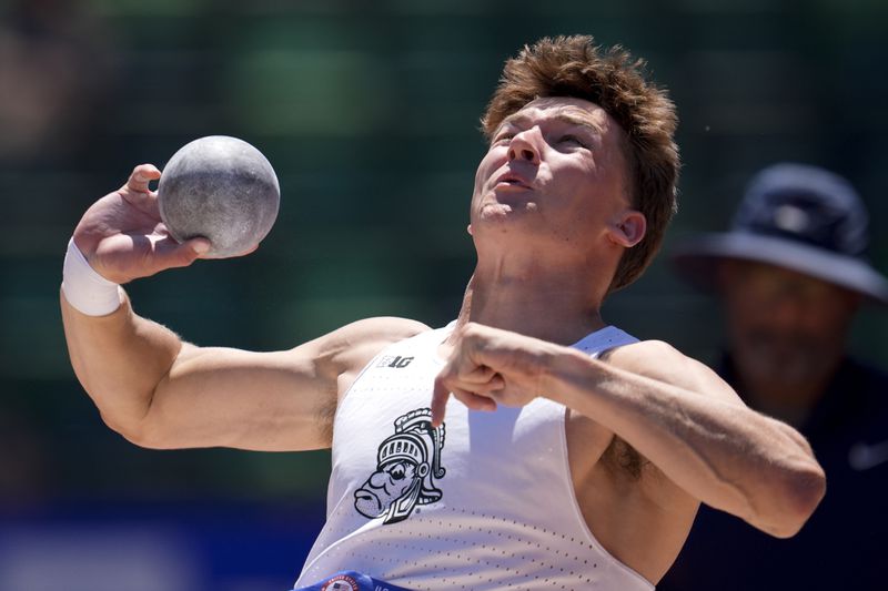 Heath Baldwin competes during the decathlon shot put during the U.S. Track and Field Olympic Team Trials Friday, June 21, 2024, in Eugene, OR. (AP Photo/George Walker IV)