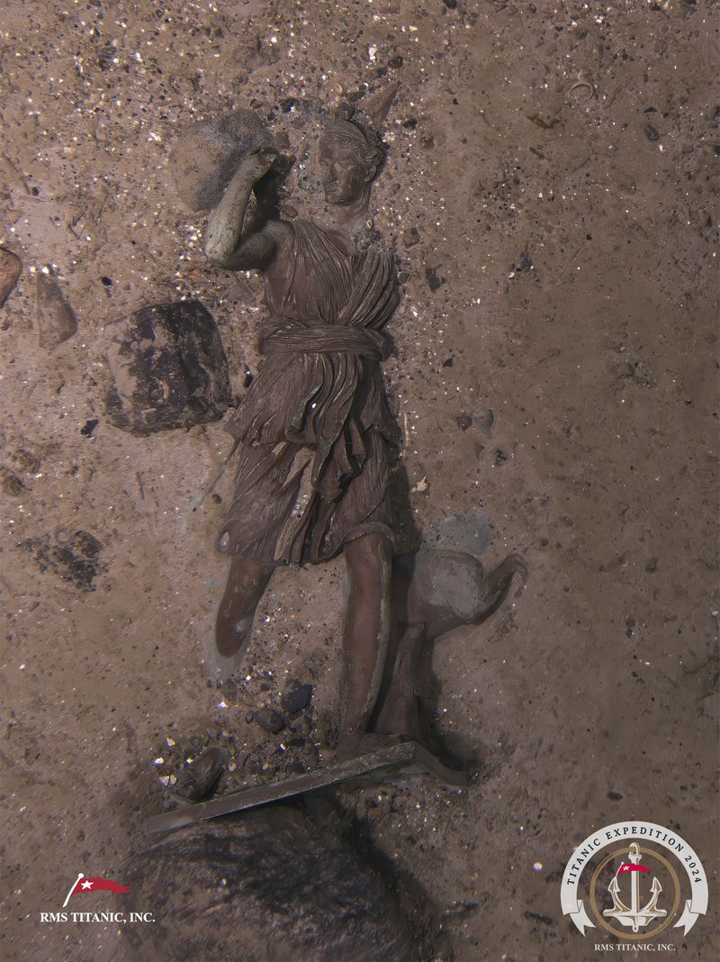 This image released on Monday, Sept. 2, 2024, shows the bronze statue "Diana of Versailles" from the Titanic photographed this summer by a company with salvage rights to the wreck site on its first expedition there in many years. (RMS Titanic Inc. via AP)