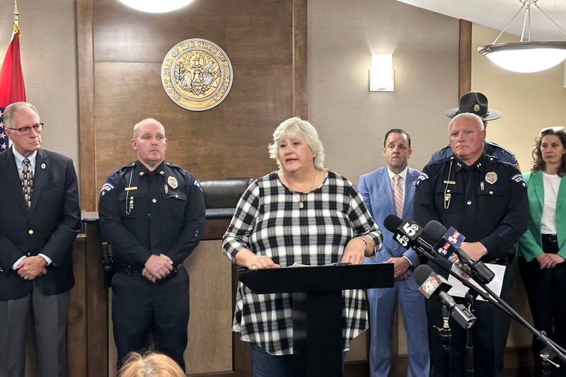 Colleen Nick, mother of Morgan Nick, speaks during a news conference in Alma Ark., Tuesday, Oct. 1, 2024. (AP Photo/Andrew DeMillo)