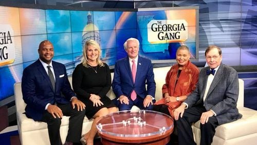 Lori Geary (second to left) joins Fox 5's "The Georgia Gang," which features Tharon Johnson, Phil Kent, Alexis Scott and Dick Williams. CREDIT: Fox 5