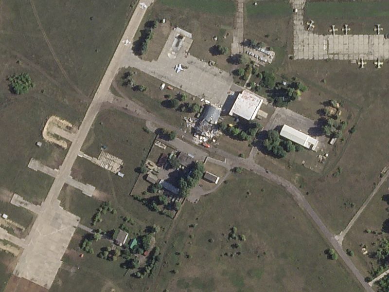 This satellite photo from Planet Labs PBC shows a damaged hangar at the Borisoglebsk Air Base in Russia after an attack by Ukrainian drones on Wednesday, Aug. 14, 2024. (Planet Labs PBC via AP)