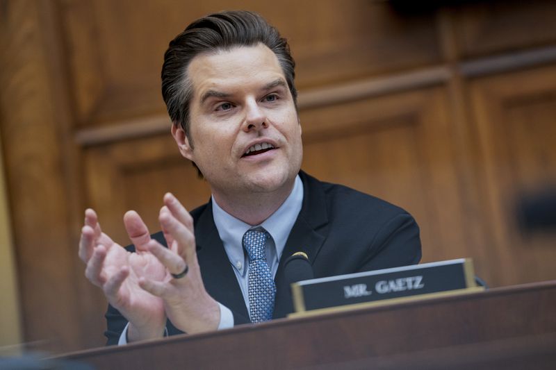 FILE - Rep. Matt Gaetz, R-Fla., speaks on Capitol Hill in Washington, Tuesday, March 12, 2024. The House Ethics Committee in an unusual public statement Tuesday confirmed it is reviewing several allegations against the congressman. The committee said it is investigating whether Gaetz engaged in sexual misconduct and illicit drug use, whether he accepted improper gifts and whether he sought to obstruct government investigations of his conduct. Four other allegations are no longer being investigated. (AP Photo/Nathan Howard, File)
