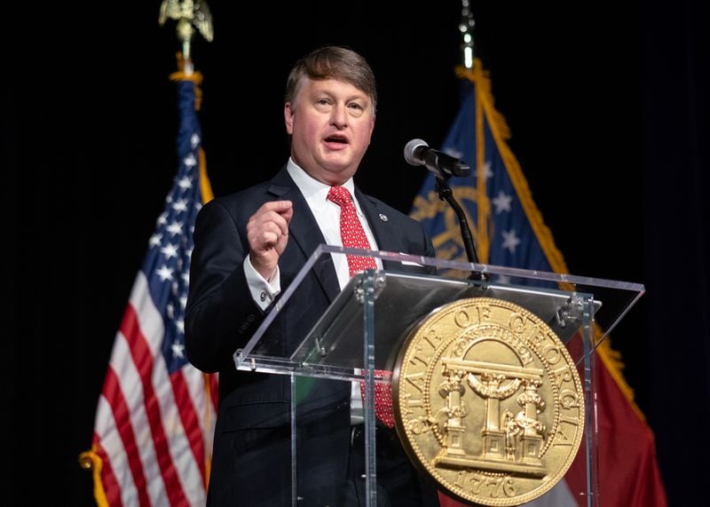 Georgia Department of Economic Development Commissioner Pat Wilson gives an opening statment. Georgia Governor Brian Kemp gives the key note address at the Governor's Workforce Summit held at the Georgia World Congress Center. Friday, Sept. 13, 2024 (Ben Hendren for the Atlanta Journal-Constitution)