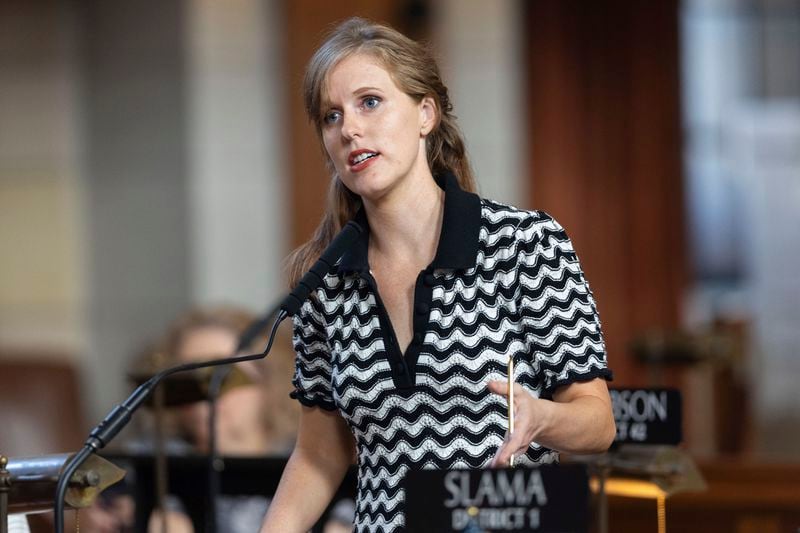 FILE - State Sen. Julie Slama speaks on the legislative floor of the Nebraska State Capitol during the 108th Legislature 1st Special Session, Aug. 8, 2024, in Lincoln, Neb. (AP Photo/Rebecca S. Gratz, File)