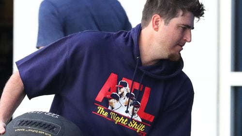 Braves pitcher Luke Jackson works on strength and conditioning during spring training earlier this month at CoolToday Park in North Port, Fla. (Curtis Compton / Curtis.Compton@ajc.com)