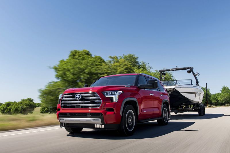 This photo provided by Toyota shows the 2024 Sequoia. The Sequoia can tow up to 9,520 pounds when properly equipped. (Courtesy of Toyota Motor Sales U.S.A. via AP)