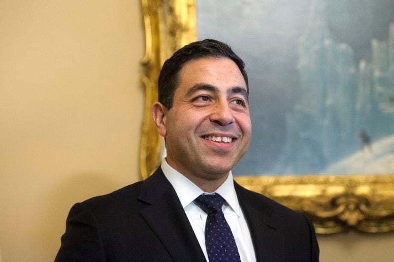 Senator-designee George Helmy, D-N.J., waits to meet with Senate Majority Leader Chuck Schumer, D-N.Y., prior to taking the oath of office in the Old Senate Chamber at the Capitol in Washington, Monday, Sept. 9, 2024. (AP Photo/Rod Lamkey, Jr.)