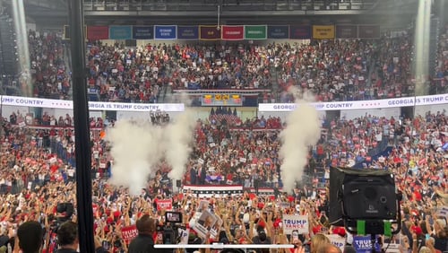 Former President Donald Trump and his rally organizers in Atlanta on Saturday, August 3, 2024 said Georgia State University and police had prevented some rally supporters from getting into the venue and taking their seats.  As Trump began to speak, there did not appear to be a large number of people missing, although some attendees in the upper level did partway through.  The event took place at the Georgia State University Convocation Center.  (Photo by Merrill Hart / merrill.hart@ajc.com)