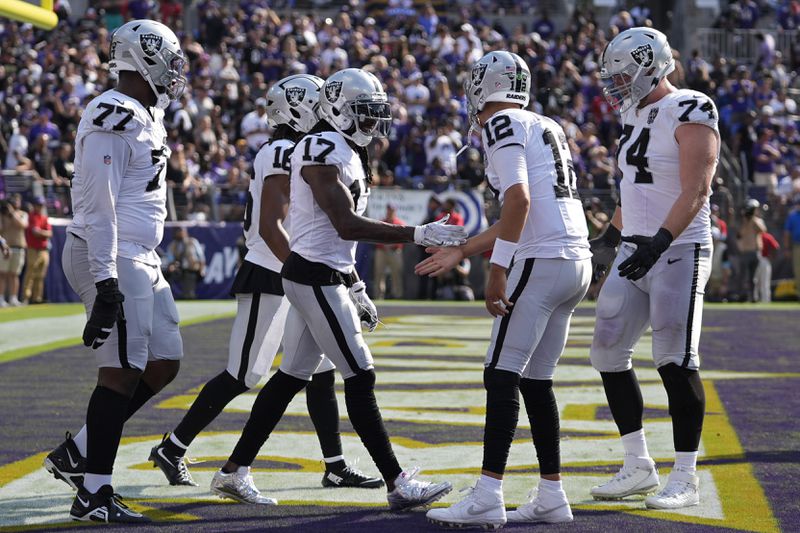 Las Vegas Raiders wide receiver Davante Adams (17) celebrates after scoring a touchdown against the Baltimore Ravens during the second half of an NFL football game, Sunday, Sept. 15, 2024, in Baltimore. (AP Photo/Stephanie Scarbrough)