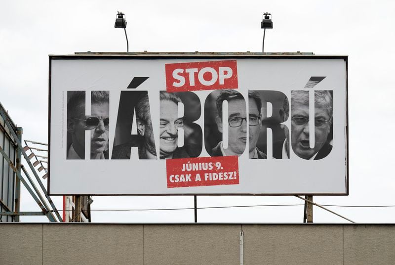 Billboards with a message declaring "Stop War" are erected on the streets of Budapest, Hungary, on May 21, 2024. A campaign message is unavoidable as thousands of billboards have been erected, featuring the faces of Péter Magyar, Budapest's liberal mayor, a former socialist prime minister and George Soros. (AP Photo/Denes Erdos)