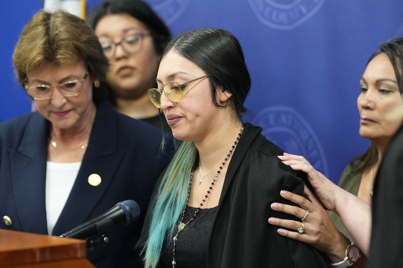 Alexis Nungaray, the mother of Jocelyn Nungaray, speaks about her daughter during a news conference after Franklin Peña, one of the two men accused of killing the 12-year-old girl, appeared in court, Monday, June 24, 2024, in Houston. Peña was ordered held on $10 million bail as he and another man, Johan Jose Rangel-Martinez, are charged with capital murder over the girl's death. (Brett Coomer/Houston Chronicle via AP)