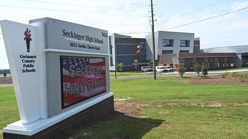 August 2, 2022 Buford - Exterior of brand new Seckinger High School in Buford on Tuesday, August 2, 2022. (Hyosub Shin / Hyosub.Shin@ajc.com)