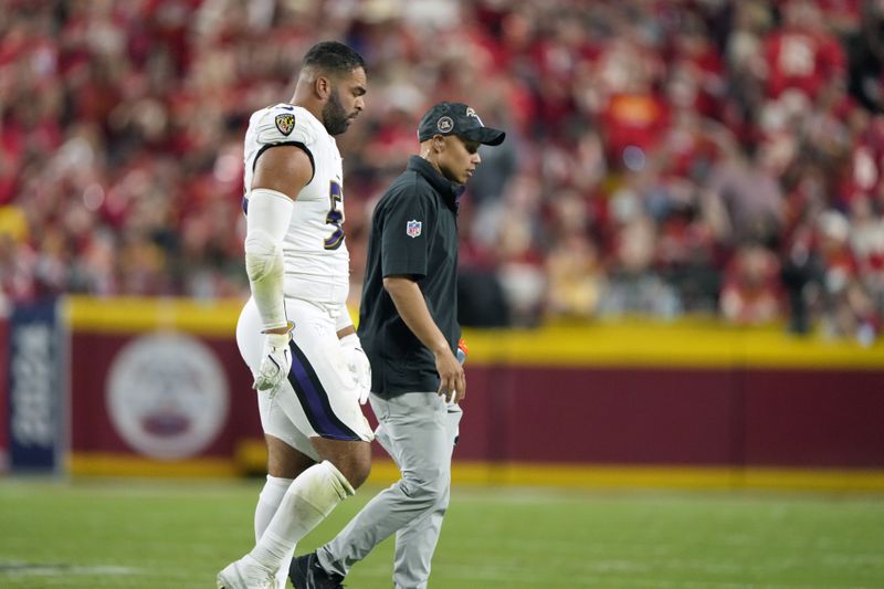 FILE - Baltimore Ravens outside linebacker Kyle Van Noy walks of the field after being injured during the second half of an NFL football game against the Kansas City Chiefs Thursday, Sept. 5, 2024, in Kansas City, Mo. (AP Photo/Charlie Riedel, File)